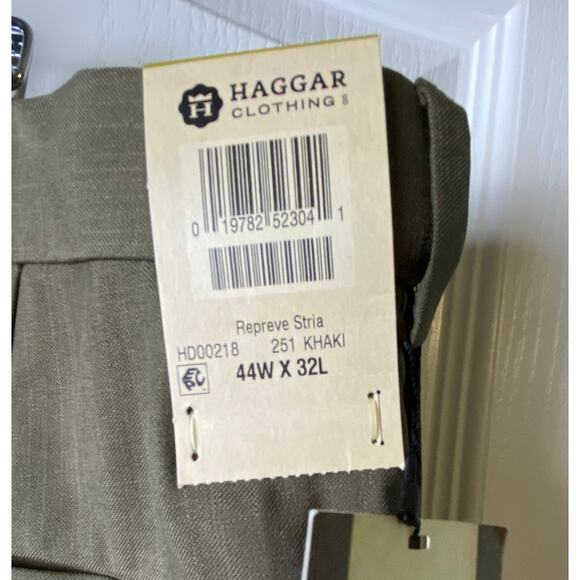 Haggar Men's Khaki Repreve Stria Flat Front No Cuff Dress Pants Size 44X32 - Picture 6 of 8